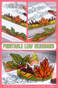 the printable leaf headband is shown in three different pictures and has leaves on it