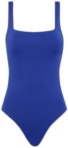 BONDI BORN® Margot Square Neck One Piece in Ribbon Blue Seamless Tankini, Elegant Blue Seamless Swimwear, Elegant Square Neck Stretch Swimwear, Compressive Solid Sleeveless Swimwear, Compressive Sleeveless Solid Swimwear, Solid Compressive Sleeveless Swimwear, Square Neck Lined Swimwear, Square Neck Second-skin Swimwear, Fitted Seamless Tankini