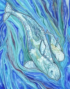 a painting of two large fish swimming in the blue water with bubbles on it's surface