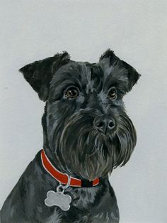 a painting of a black dog with a red collar