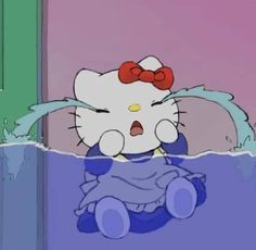 an animated hello kitty sitting on the floor in front of a door with her eyes closed