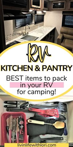 kitchen and pantry items with the words best items to pack in your rv for camping