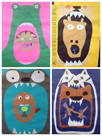 four different paper bags with animals and monsters on them, each one has an animal's face