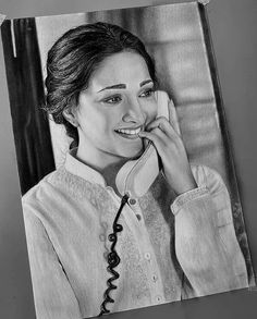 a pencil drawing of a woman talking on the phone