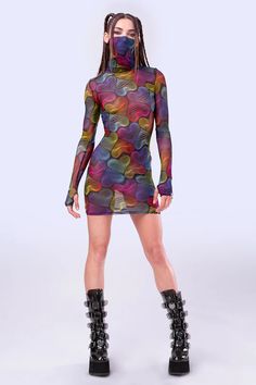 Express yourself in our stunning Wild Heartz mesh dress.  FEATURES:> Bodycon Dress> High Neckline> Thumbhole Cuffs> Flattering Form-Fitting Construction> Luxurious & Silky, See-Through Mesh Fabric> Flawless Graphics On Both Front And Back> Saturated Colors True To The Photos Rainbow Outfit Women, Pride Dress, Rave Shorts, Rave Dress, Rainbow Outfit, Pride Outfit, Saturated Color, Unique Designers, Mesh Dress