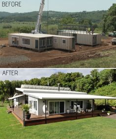 before and after photos of a house being built in the middle of a rural area