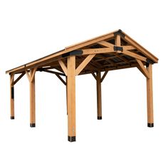 a wooden pavilion with black shins and wood flooring on the sides, against a white background