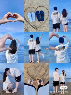 collage of people making heart shape with their hands and feet on the sand at the beach