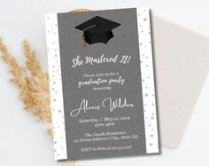 a graduation party card with a mortar cap on the front and silver dots around it