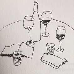 a drawing of wine glasses, napkins and an empty bottle on a round table