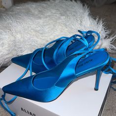 Brand New Blue Satin Lace Up Heels Size 9.5 Gorgeous And Bright! Blue Padded Heel Slingback Pumps For Evening, Blue Ankle Strap Slingback Pumps With 4-inch Heel, Blue Slingback Pumps With 4-inch Heel For Evening, Blue Slingback Pumps With Pointed Toe, Blue Fitted Slingback Pumps With Pointed Toe, Blue Open Heel Slingback Pumps For Evening, Blue Slingback Pumps With Round Toe For Evening, Blue Round Toe Slingback Pumps For Evening, Blue Pointed Toe Slingback Pumps For Party