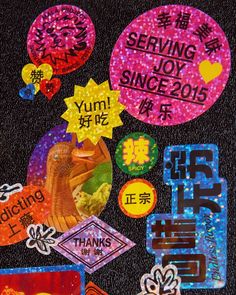 an image of various stickers on a black background