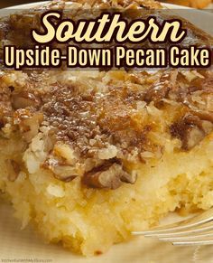 a piece of upside down pecan cake on a plate with the title text southern upside down pecan cake