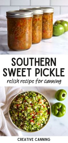 the recipe for canning southern sweet pickles is shown in three different jars with green peppers