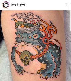 a tattoo with a dragon holding a skull on it's thigh and flames coming out of its mouth