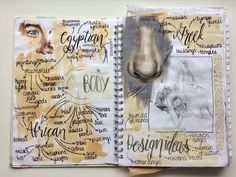 an open notebook with drawings and writing on it, including a horse's nose