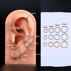 three pairs of ear piercings are shown next to an image of the size and measurements