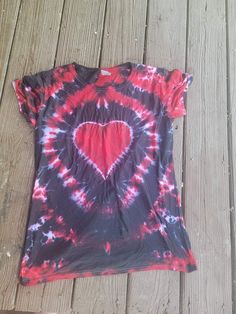 Handmade Tiedye, Black and Red Heart T-shirt. Casual Hand Dyed Red T-shirt, Casual Red Hand-dyed T-shirt, Casual Red Hand Dyed T-shirt, Red Cotton T-shirt For Festival, Red Hand Dyed Short Sleeve T-shirt, Red Short Sleeve T-shirt For Festivals, Red Short Sleeve Festival T-shirt, Black And Red Heart, Womens Blouses