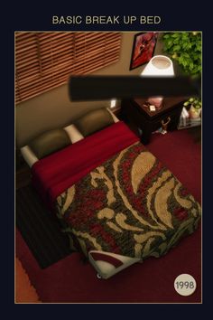 an image of a bed with red and gold bedspread in the middle, next to a plant