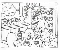 a black and white drawing of a child in the kitchen with food on the table