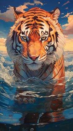 a painting of a tiger in the water