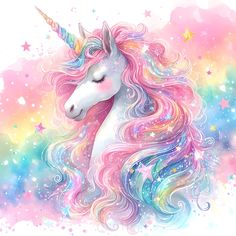 a unicorn with colorful hair and stars in the background