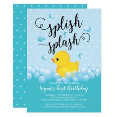 a blue and white card with a rubber ducky in the water on it's side