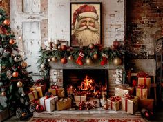 a fireplace decorated with christmas decorations and presents