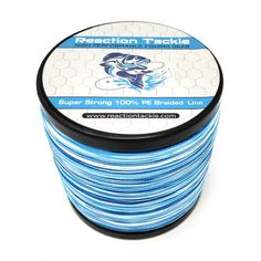 a reel of blue and white braiding cord on a white background with the words resolution tackle