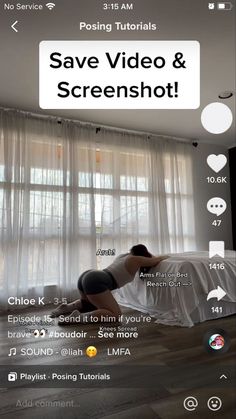 a woman is doing yoga in front of a window with the text save video & screenshot