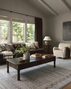 a living room with two couches and a coffee table in front of large windows