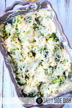 broccoli and cheese casserole in a glass dish