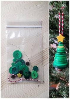 a christmas tree ornament made out of plastic buttons and other crafting supplies