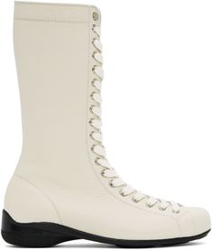 Mid-calf grained leather boots in off-white. · Lace-up closure · Zip closure at inner side · Mesh lining · Rubber sole Supplier color: White Mens White Boots, White Boots, Mid Calf Boots, Lace Boots, Boot Shoes Women, Leather And Lace, Mid Calf, White Lace, Leather Boots