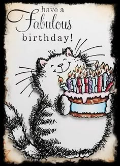 a birthday card with a cat holding a cake and candles in it's mouth