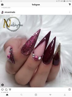 Stilettos Nails, Girls Nail Designs, Maroon Nails, Nails Stiletto, Red Nail Designs, Burgundy Nails, Her Nails, Beautiful Nail Designs