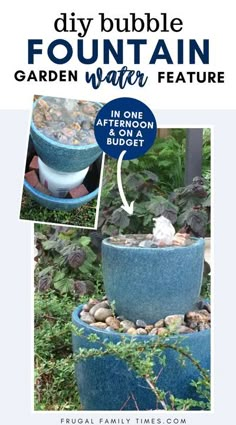 the diy bubble fountain garden water feature is shown in two different pictures and has text overlay that says diy bubble fountain garden water feature