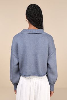 Elevate your weekday wardrobe with the addition of a perfect piece like the Lulus Comfy Ideal Heather Blue Collared Cropped Pullover Sweater! Medium-gauge sweater knit (with a slight heathered effect) shapes a collared neckline with a functional, partial button placket at front. Long sleeves have dropped shoulders and ribbed knit cuffs, and frame a boxy bodice with a rolled, slightly cropped hem. Fit: This garment fits true to size. Length: Size medium measures 18.5" from shoulder to hem. Bust: Relaxed Fit Textured Knit Cropped Sweater For Layering, Knit Long Sleeve Cropped Sweater For Layering, Knit Cropped Long Sleeve Sweater For Layering, Knit Cropped Sweater For Layering With Long Sleeves, Layered Knit Cropped Sweater With Long Sleeves, Knit Cropped Sweater For Layering, Cropped Textured Knit Sweater For Layering, Oversized Cropped Knit Tops, Chic Knit Cropped Sweater For Day Out