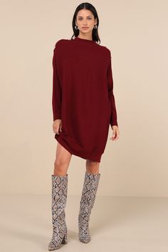 Head out for the day feeling as comfy as you are cute in the Lulus Cozy Stroll Wine Red Mock Neck Button Mini Sweater Dress! Soft, lightweight ribbed knit shapes this casually chic dress with a mock neckline framed by long, dolman sleeves with decorative tortoise buttons at the shoulders. The relaxed, pullover silhouette falls to a cute mini hem, perfect for showing off your favorite knee-high boots! Fit: This garment fits true to size. Length: Knee Length. Size medium measures 32" from shoulder to hem. Bust: Great for any cup size. Waist: Not Fitted - comfortable room throughout midsection. Hip: Not Fitted - room for hips. Undergarments: May be worn with any standard bra. Fabric: Fabric is very stretchy. Unlined. 50% Rayon, 26% Polyester, 24% Nylon. Hand Wash Cold. Do Not Bleach. Line Dry Boots Fit, Casually Chic, Mini Sweater, You Are Cute, Mini Sweater Dress, Mock Neckline, Chic Dress, Large Size Dresses, Wine Red