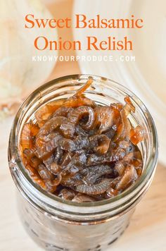 sweet balsamic onion relish in a glass jar on a wooden table with text overlay