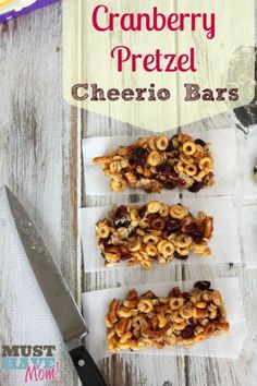 homemade cranberry pretzel cheerio bars are ready to be eaten and served