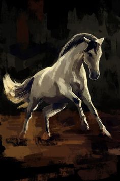 a painting of a white horse running in the dark