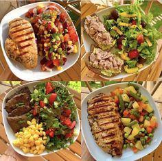 four pictures of different types of meat and vegetables on white plates with wooden chairs in the background