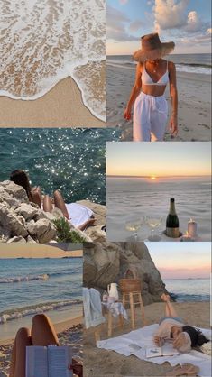 a collage of photos with people laying on the beach and in the water at sunset