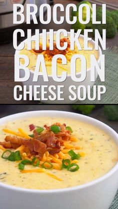 broccoli chicken bacon cheese soup in a white bowl