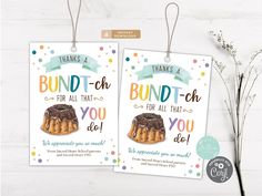 two cards with bundt - ch for all that you do on them, hanging from strings