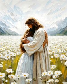 a painting of a woman holding a man in a field of daisies with mountains in the background