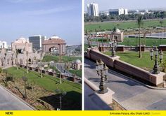 two pictures side by side, one shows the same building and another shows an empty park