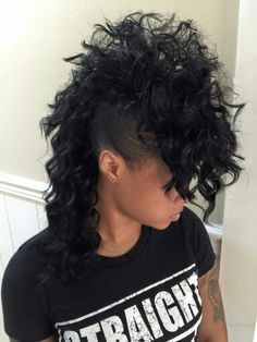 Mohawk Hairstyles For Black Women Curly, Punk Mohawk Women, Wolfcut Mohawk, Long Curly Mohawk For Women, Mohawk Down, Black Hair Mohawk Styles, Perm Mohawk, Long Curly Mohawk, Mohawk Hairstyle Women