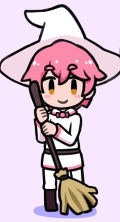 a cartoon girl with pink hair holding a broom